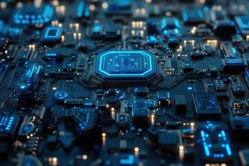 Poster - Close-up of a futuristic circuit board with glowing blue components. Illustrates advanced technology, AI, or digital innovation.
