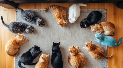 Wall Mural - cats in a circle intently looking down at something on the floor in a peaceful living room