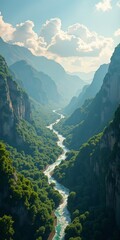 Wall Mural - A serene and majestic landscape with a river flowing through a valley surrounded by mountains