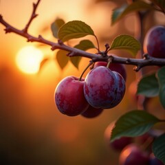 Wall Mural - Ripe plums on a tree branch, bathed in warm sunlight