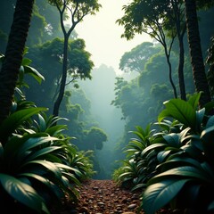 Wall Mural - A lush, vibrant jungle with towering trees and exotic plants