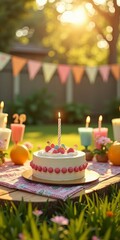 Canvas Print - A birthday cake with candles on a table in a garden