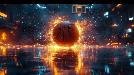 Aufkleber - Flaming Basketball Sparks Cyberpunk Dynamic Action Power Sports Court Reflection