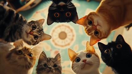 a group of cats standing in a circle with wide eyes focused downward on the floor in a cozy space