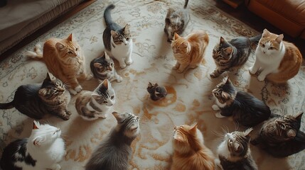 Wall Mural - a circle of curious cats in a living room staring down at something small and intriguing