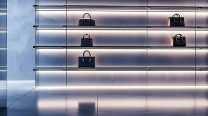 Poster - Elegant showcase of luxury handbags in a modern retail space illuminated by soft lighting. Generative AI