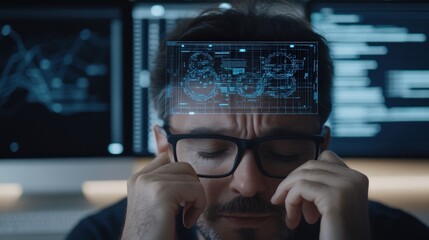 Poster - Man in Glasses with Stressful Expression While Analyzing Digital Data on Multiple Computer Screens in a Modern Office Environment