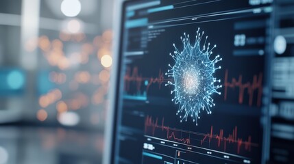 Poster - Detailed Visualization of a Digital Medical Interface Featuring Data Analysis, Network Structures, and Heart Rate Monitoring for Health Technology Applications