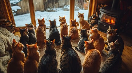 curious cats gathered in a circle staring at something beneath them in a cozy living room