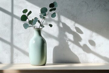 Poster - Minimalist Still Life with Green Vase Eucalyptus Leaves Natural Light Wooden Table and White Wall