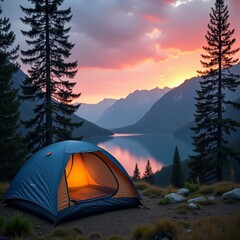a serene lakeside campsite, with a tent nestled among trees, under a vibrant sunset sky