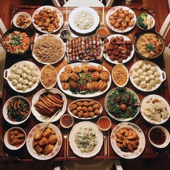 Poster - A large spread of delicious Chinese food on a wooden table, perfect for a family gathering or celebration.