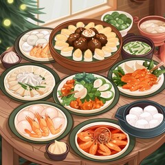 Poster - A table filled with delicious Chinese food, including dumplings, shrimp, and vegetables, set for a festive meal.