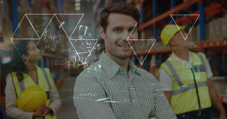 Poster - Image of data processing over diverse people working in warehouse