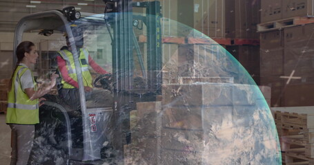 Poster - image of globe and data processing over diverse people working in warehouse