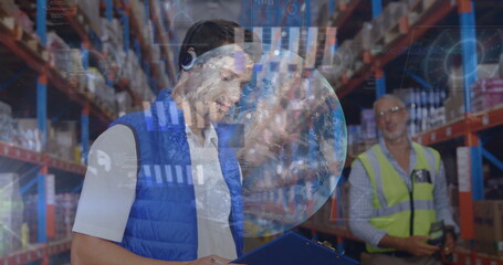 Poster - Image of globe and data processing over diverse people working in warehouse