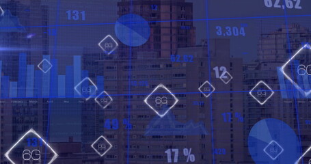 Poster - Image of 6g icons and charts processing data over city at night