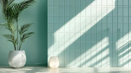 Poster - Relaxing interior space adorned with natural light and greenery in a serene blue ambiance for a calming atmosphere. Generative AI