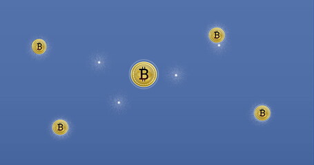 Poster - Image of bitcoins financial data processing over blue background
