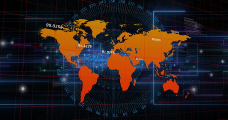 Poster - image of digital data processing over world map on dark background