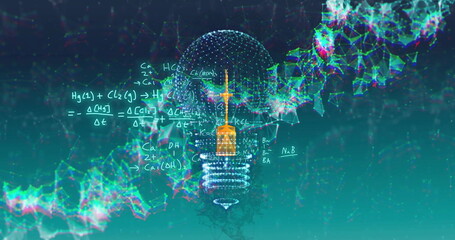 Canvas Print - Image of light bulb with network of connections over mathematical equations on blue background