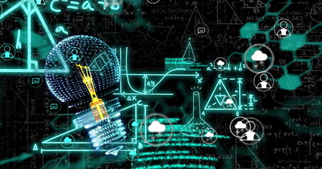 Poster - Image of light bulb with icons over mathematical equations on blue background