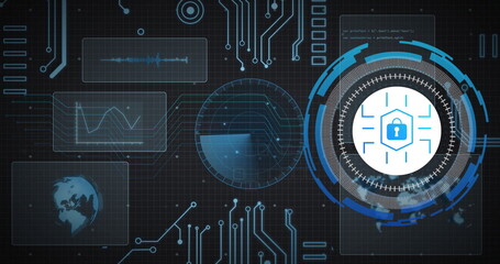 Aufkleber - image of network and circular scanner with padlock icon and charts processing data
