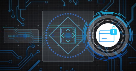 Aufkleber - image of network and scanners with padlock bank card icon and charts processing data