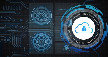 Aufkleber - image of network, charts processing data and scanner with padlock cloud icon