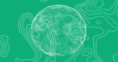 Poster - Image of glowing globe and white lines moving on seamless loop on green background