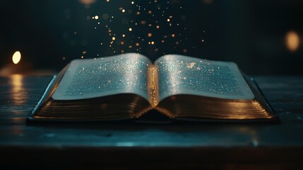 Poster - An open book with sparkling pages and floating golden particles creating a magical ambiance