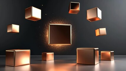 Poster - Floating golden cubes create a mesmerizing visual dance in a darkened space of artistic imagination. Generative AI