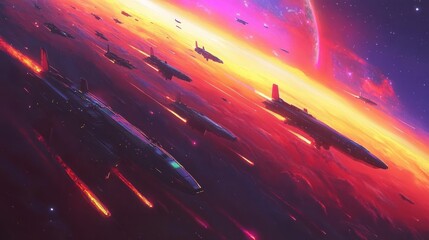 Wall Mural - Spaceships fly in formation near a red planet during a fiery sunset.