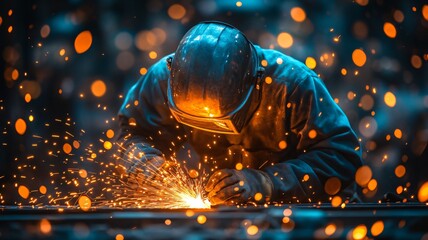 Wall Mural - Close-up of a professional welder in protective gear working with metal, creating a shower of bright orange sparks