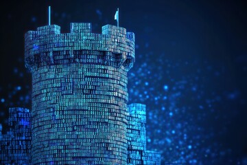 Poster - Digital castle cybersecurity defense, data particles background