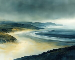 Sticker - Dramatic coastal landscape painting, moody sky, ocean waves, sandy beach.