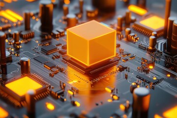 Aufkleber - Futuristic Circuit Board with Central Cube and Metallic Spheres