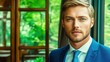 © imagineRbc - A well-dressed man with striking blue eyes poses confidently near floor-to-ceiling windows that reveal a lush green landscape outside on a sunny day