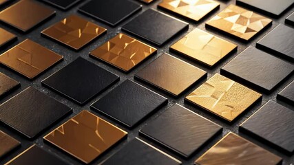 Poster - Elegant arrangement of golden and black tiles in a modern design space showcasing texture and luxury aesthetics. Generative AI
