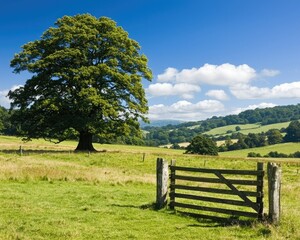 Wall Mural - A serene landscape featuring a large tree beside a wooden gate, set against a backdrop of rolling hills and a bright blue sky with fluffy clouds.