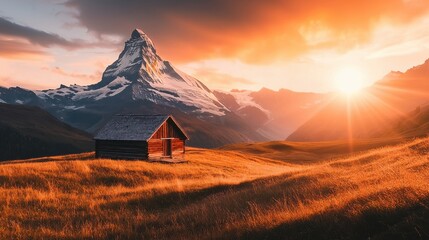 Wall Mural - Majestic Matterhorn and Cozy Alpine Cabin at Dramatic Sunset