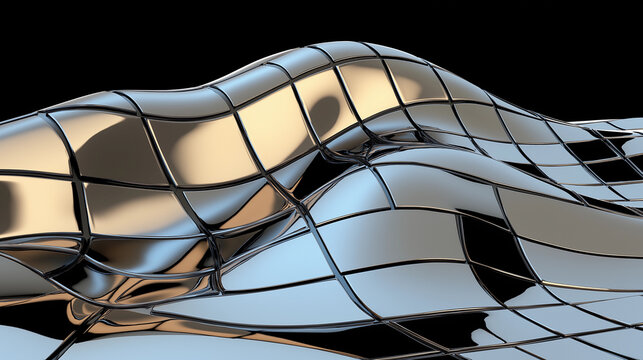 Abstract metallic surface with flowing, grid-like pattern.