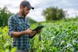 © SY - Farmer uses tablet in green field. Shows modern farming technology & data analysis for better crop yields.