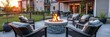 © DITSARAPHAN - Modern fire pit surrounded by gray outdoor furniture on terrace of residential building at sunset, concept of relaxation, rest, communication, fire pit, rest, outdoor
