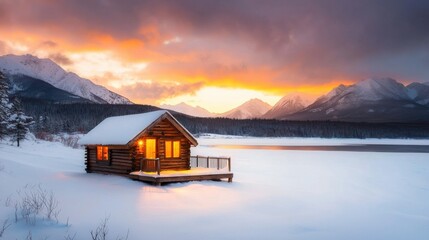 Wall Mural - Cozy Rustic Log Cabin Nestled in a Winter Wonderland with Stunning Sunset Reflections on a Frozen Lake