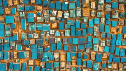 Poster - A bird's-eye view of solar panels arranged in neat rows, with plenty of space for copy in the sky above