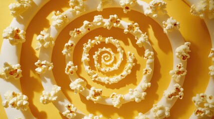 Canvas Print - A bright flat-lay view of popcorn pieces arranged in a spiral pattern on a yellow background, leaving room for copy