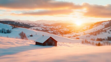 Poster - Cozy Wooden Cabin at Snowy Mountain Sunset in Peaceful Winter Landscape