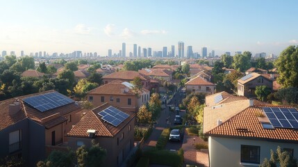 Poster - A clean, carbon-reduced cityscape with solar panels on rooftops, green trees, and a clear sky offering space for copy
