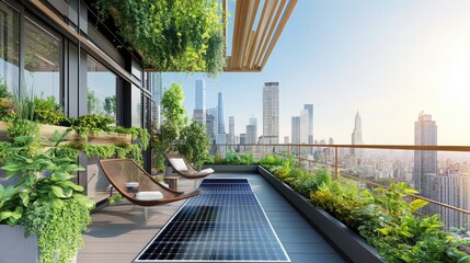 Poster - A clean, carbon-reduced cityscape with solar panels on rooftops, green trees, and a clear sky offering space for copy